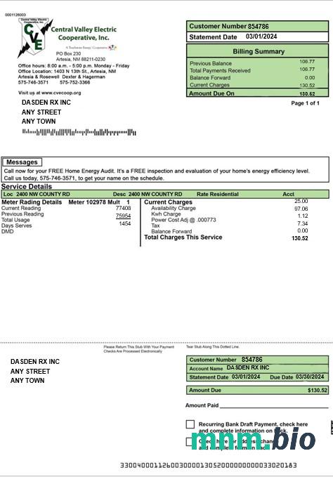 USA CENTRAL VALLEY electric rachunek za usługi komunalne Word i szablon PDF